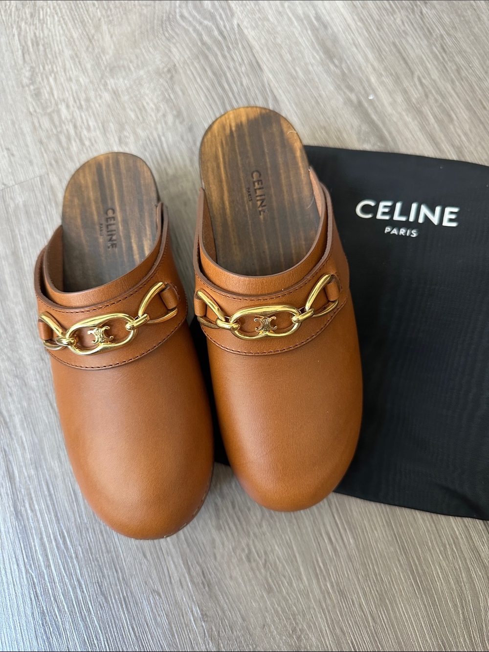 Celine Les Bois Calfskin Clogs Tan 35